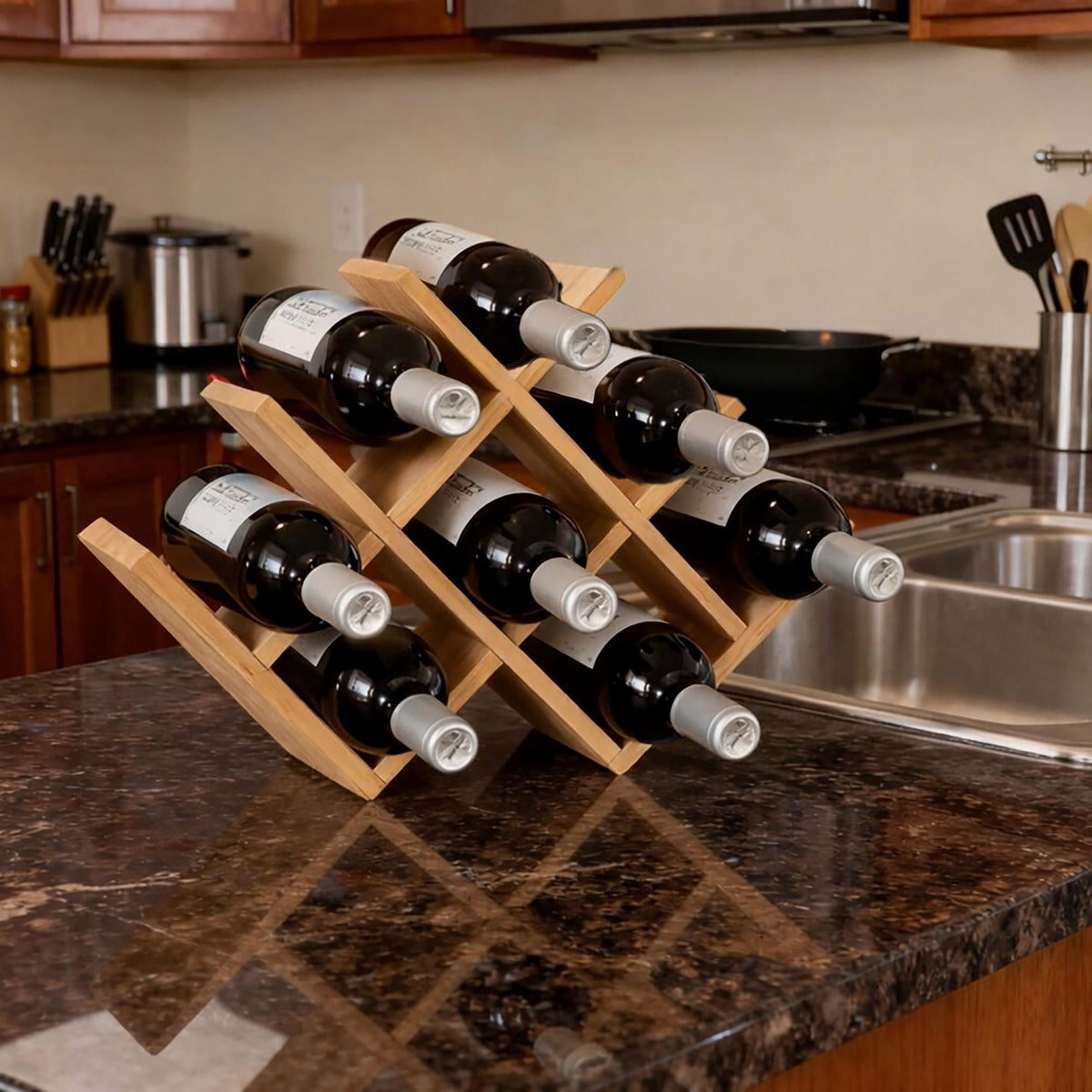 Bamboo Wine Rack – Holds 8 Bottles, W-Shaped Design