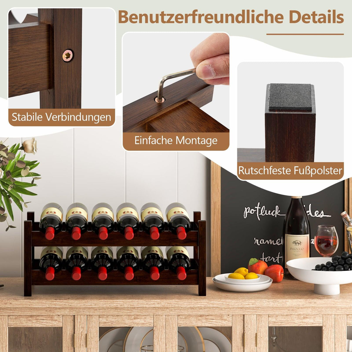 Bamboo Wine Rack for 12 Bottles, 2-Tier Holder
