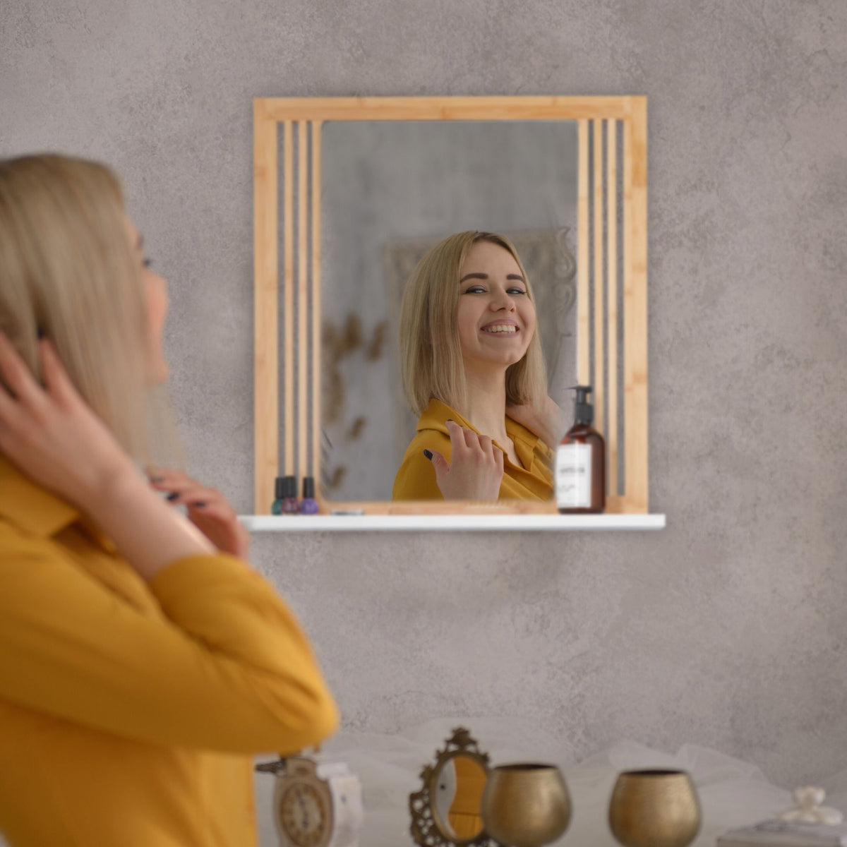 Bamboo bathroom mirror with shelf