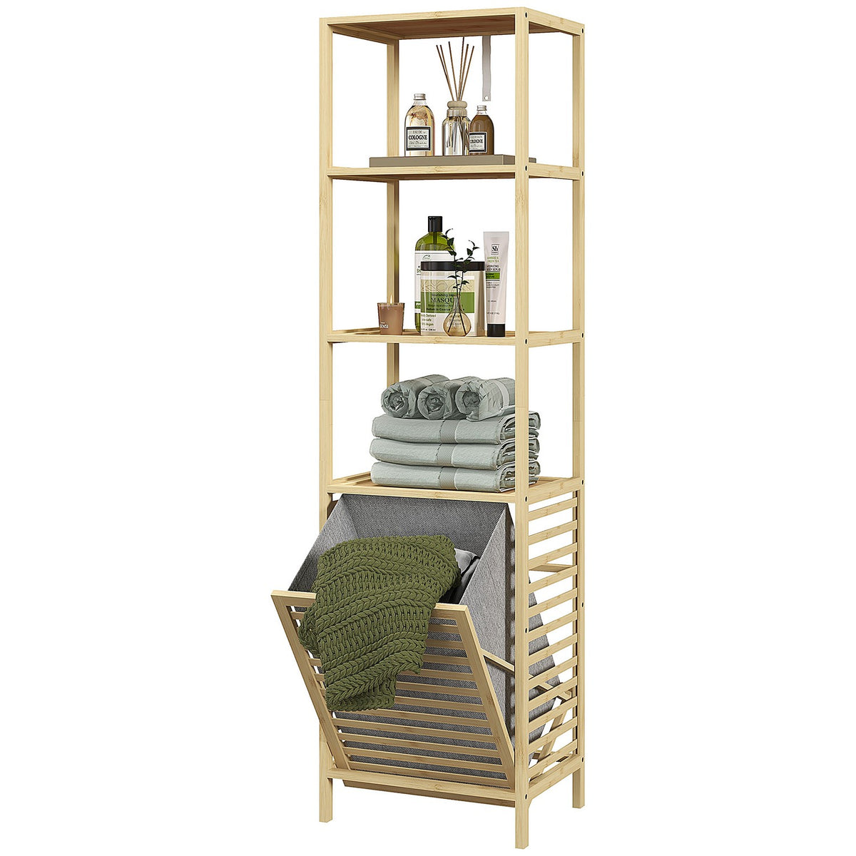Bamboo bathroom shelf, 44 x 33 x 160cm, space-saving, with 3 open shelves, pull-out fabric basket, tip protection, higher base, natural