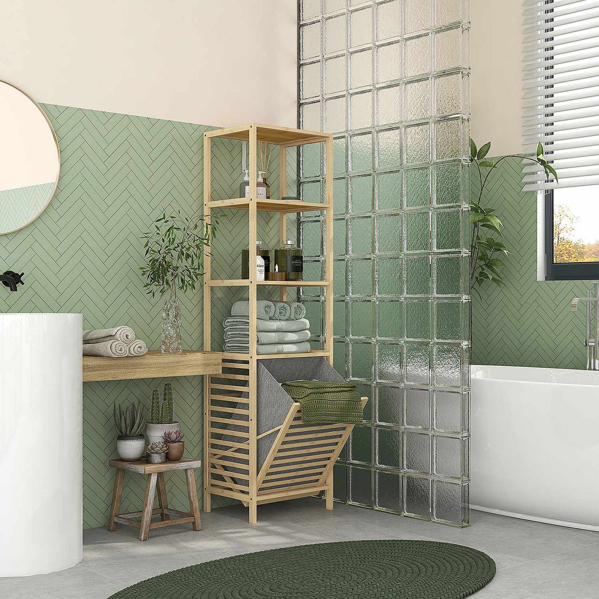 Bamboo bathroom shelf, 44 x 33 x 160cm, space-saving, with 3 open shelves, pull-out fabric basket, tip protection, higher base, natural