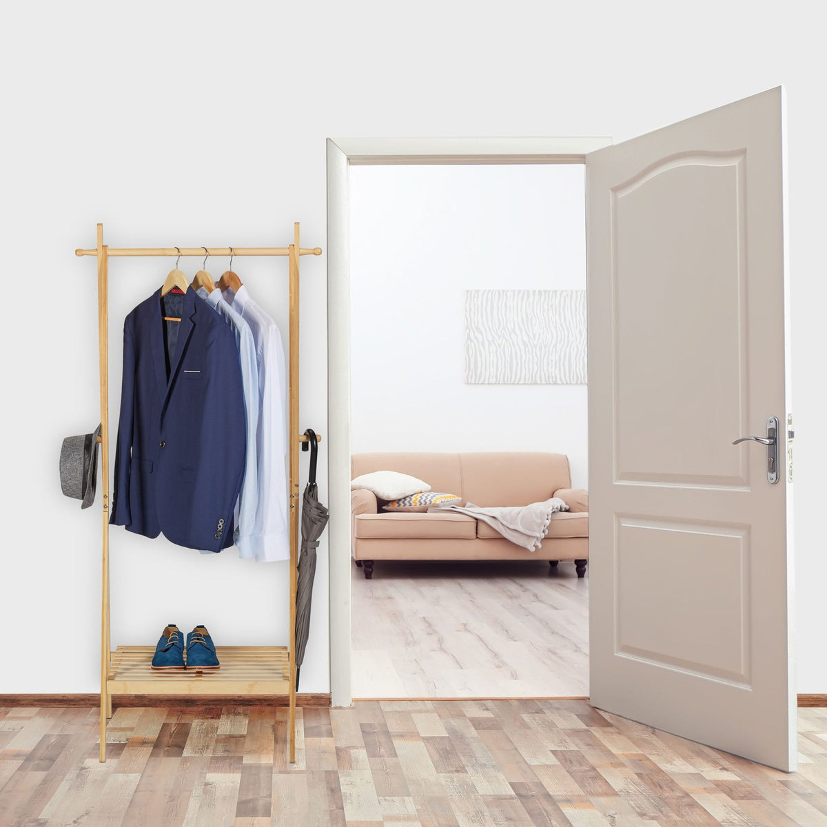 Bamboo clothes hanger with shelf