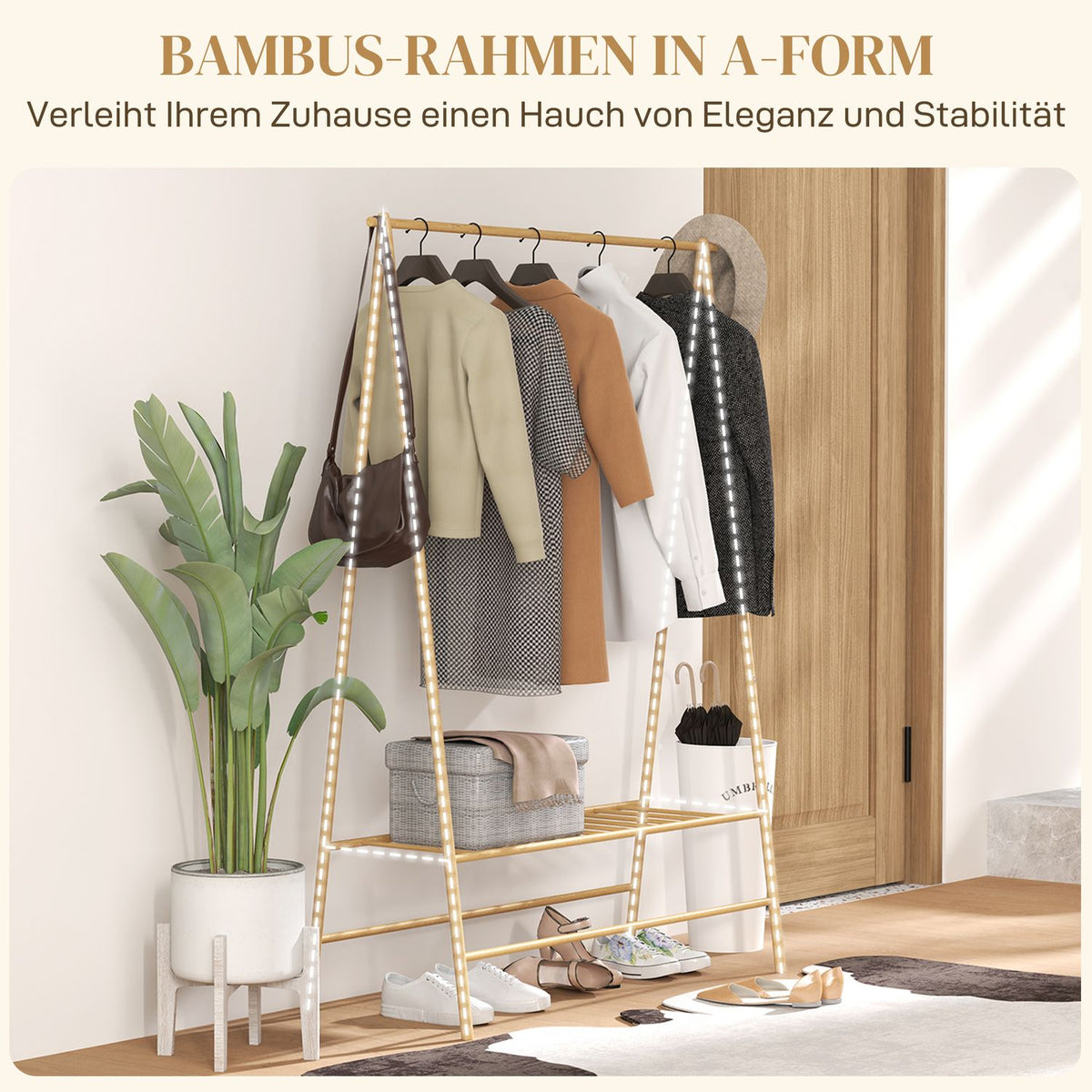 Bamboo coat rack, clothes rack with shelves and hooks, clothes rack with clothes rail, for hallway, living room, bedroom, 116 x 43.5 x 160 cm, natural wood