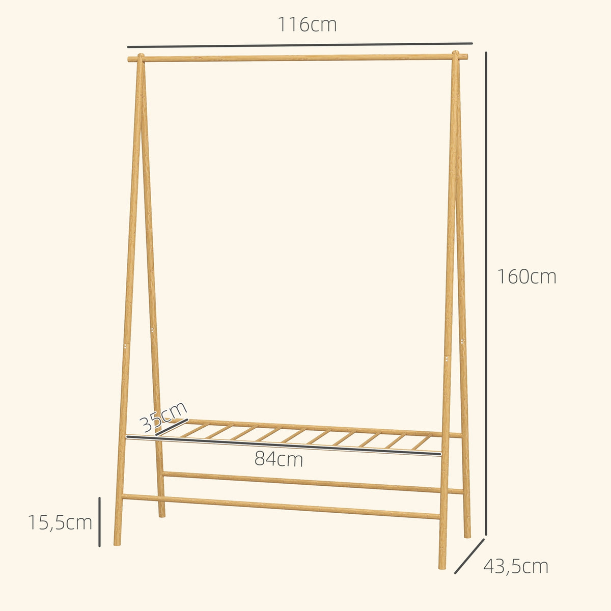 Bamboo coat rack, clothes rack with shelves and hooks, clothes rack with clothes rail, for hallway, living room, bedroom, 116 x 43.5 x 160 cm, natural wood