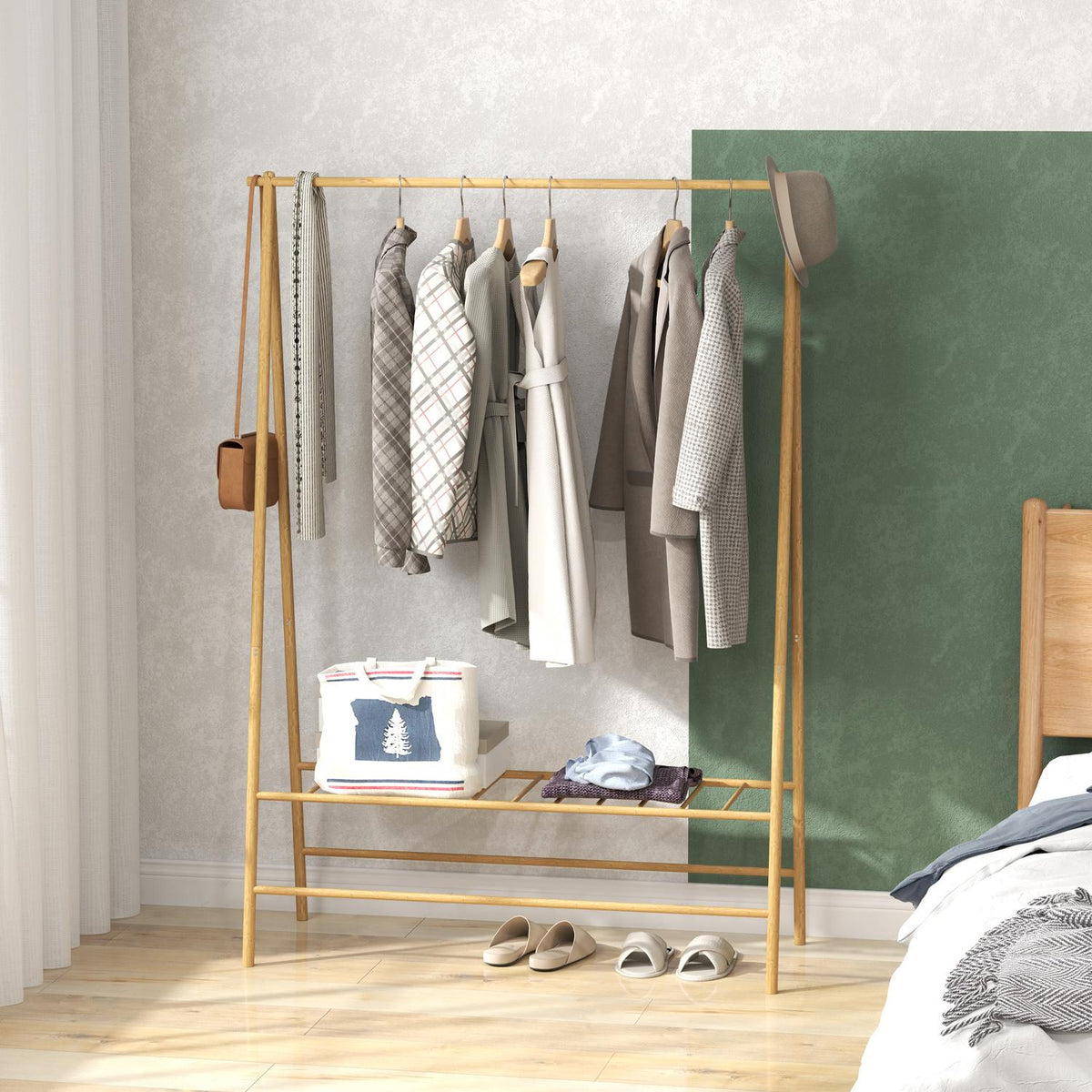 Bamboo coat rack, clothes rack with shelves and hooks, clothes rack with clothes rail, for hallway, living room, bedroom, 116 x 43.5 x 160 cm, natural wood