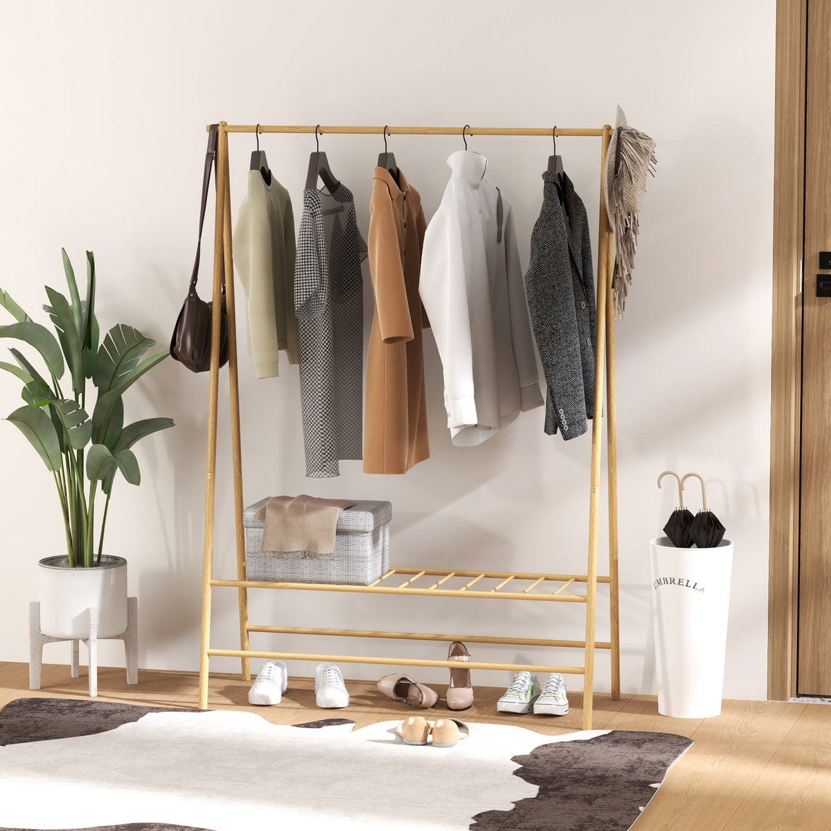 Bamboo coat rack, clothes rack with shelves and hooks, clothes rack with clothes rail, for hallway, living room, bedroom, 116 x 43.5 x 160 cm, natural wood
