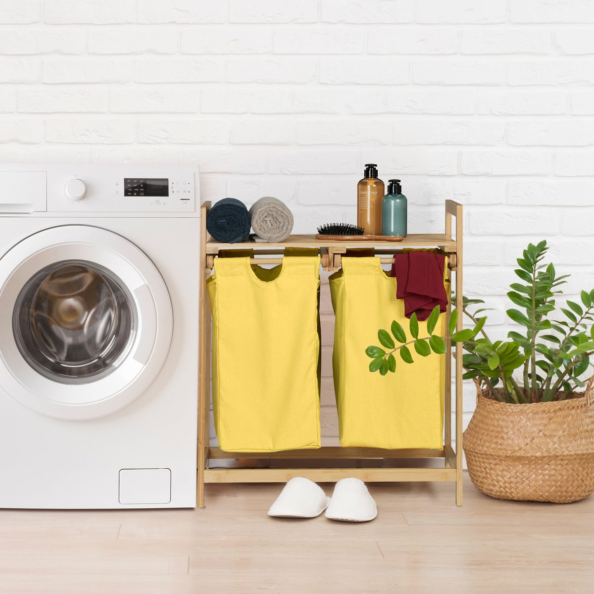 Bamboo laundry basket shelf
