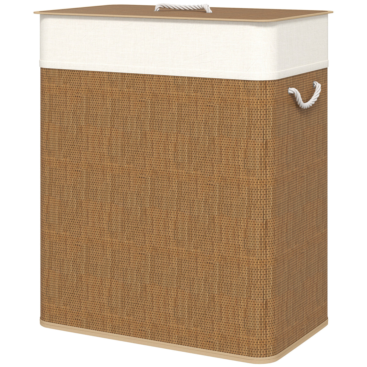 Bamboo laundry basket with lid, 2 compartments, 100 L laundry collector with rope handles, removable laundry bag