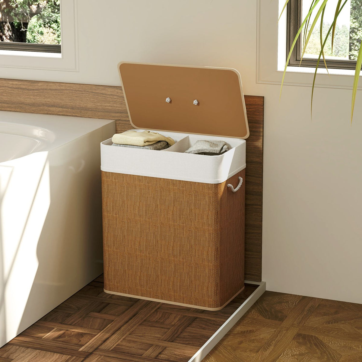 Bamboo laundry basket with lid, 2 compartments, 100 L laundry collector with rope handles, removable laundry bag