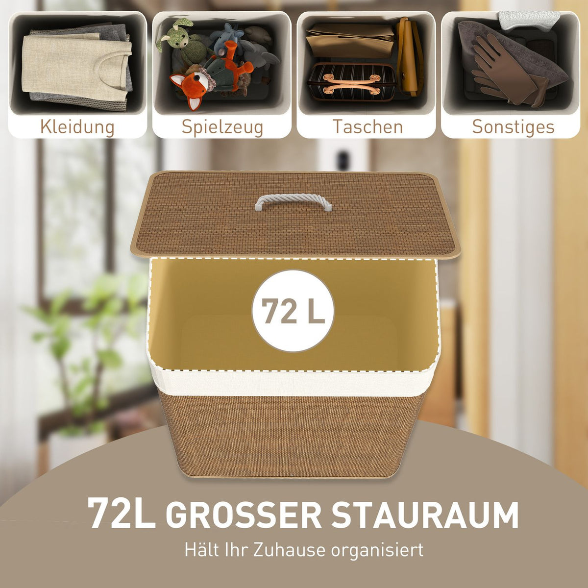 Bamboo laundry basket with lid 72 L laundry collector with bamboo handles, removable laundry bag brown