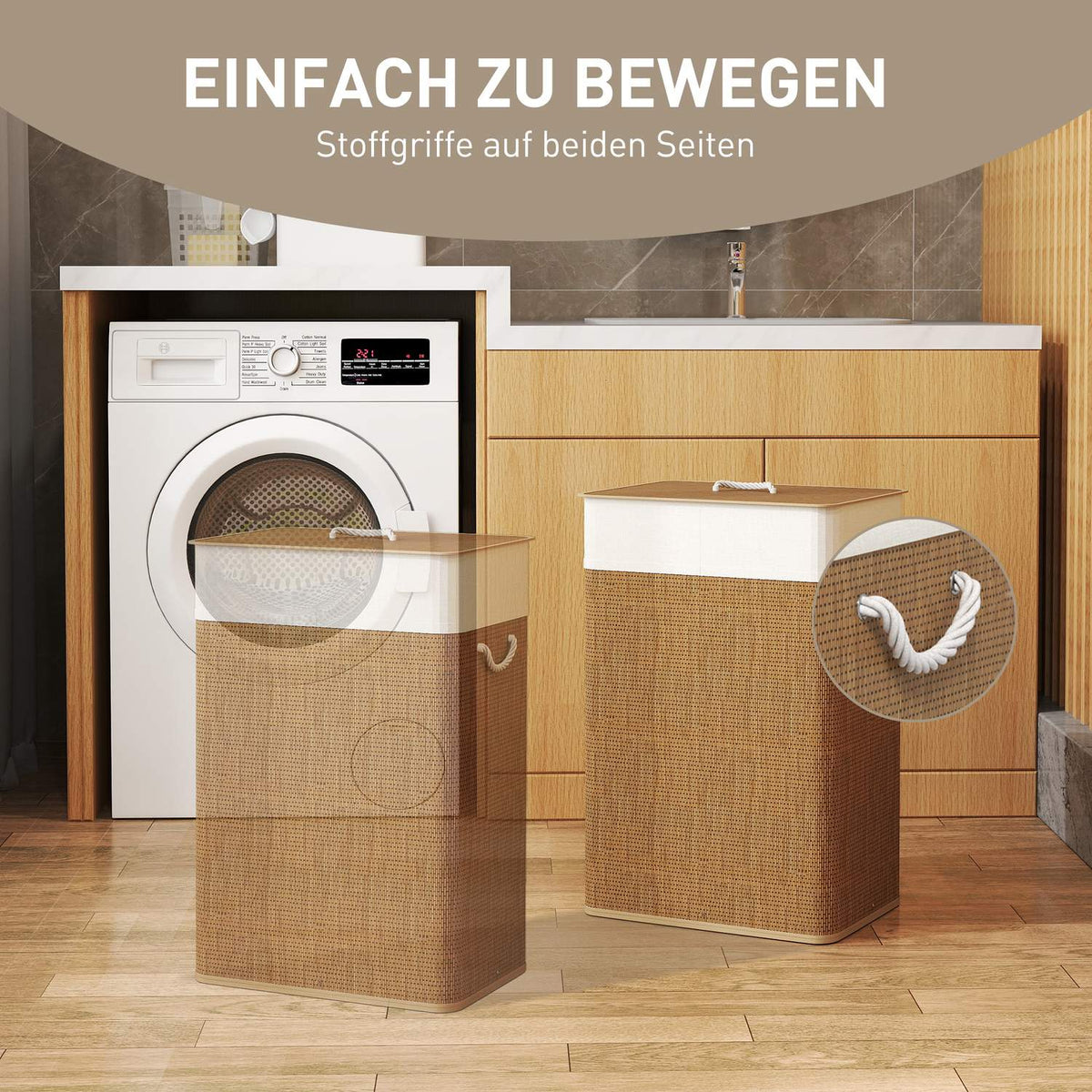 Bamboo laundry basket with lid 72 L laundry collector with bamboo handles, removable laundry bag brown