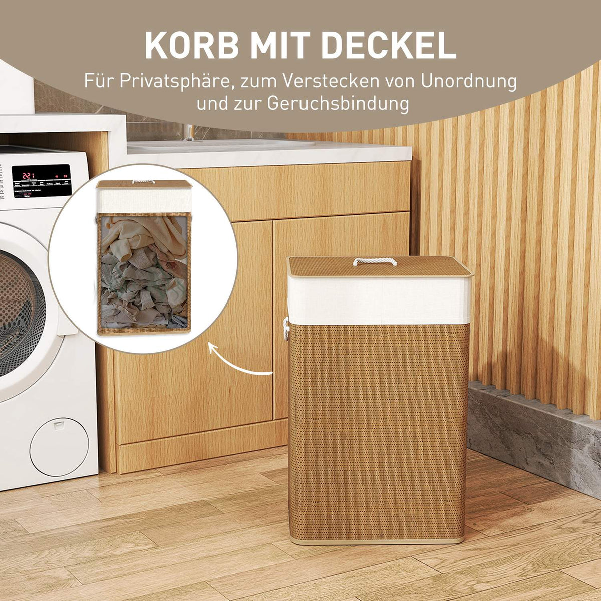 Bamboo laundry basket with lid 72 L laundry collector with bamboo handles, removable laundry bag brown