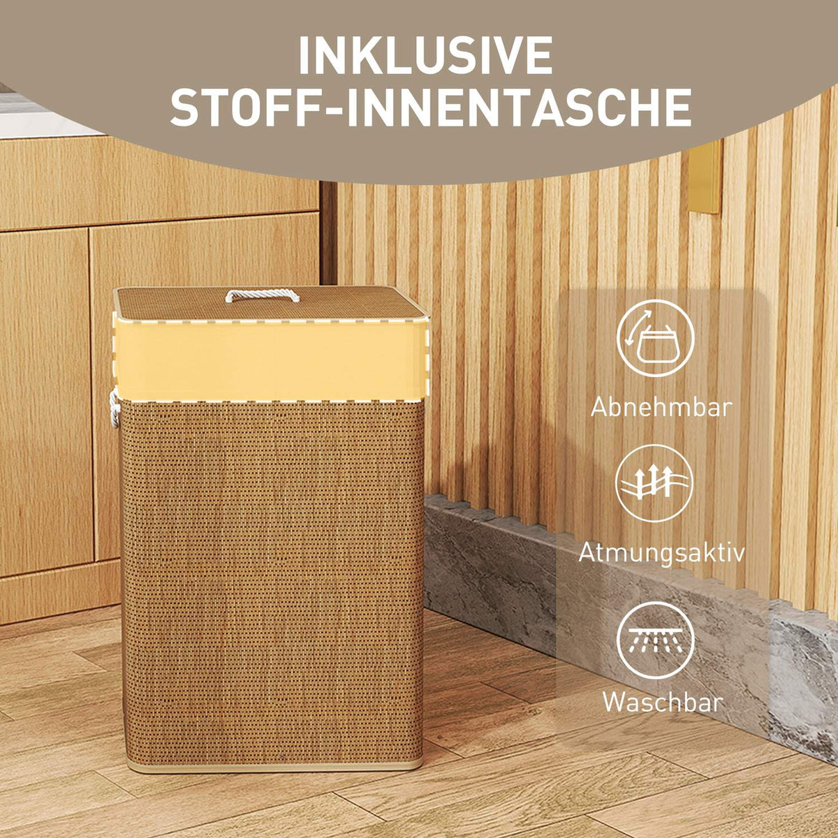 Bamboo laundry basket with lid 72 L laundry collector with bamboo handles, removable laundry bag brown