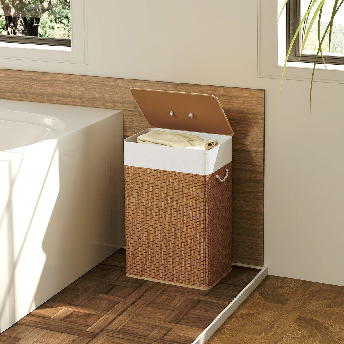 Bamboo laundry basket with lid 72 L laundry collector with bamboo handles, removable laundry bag brown