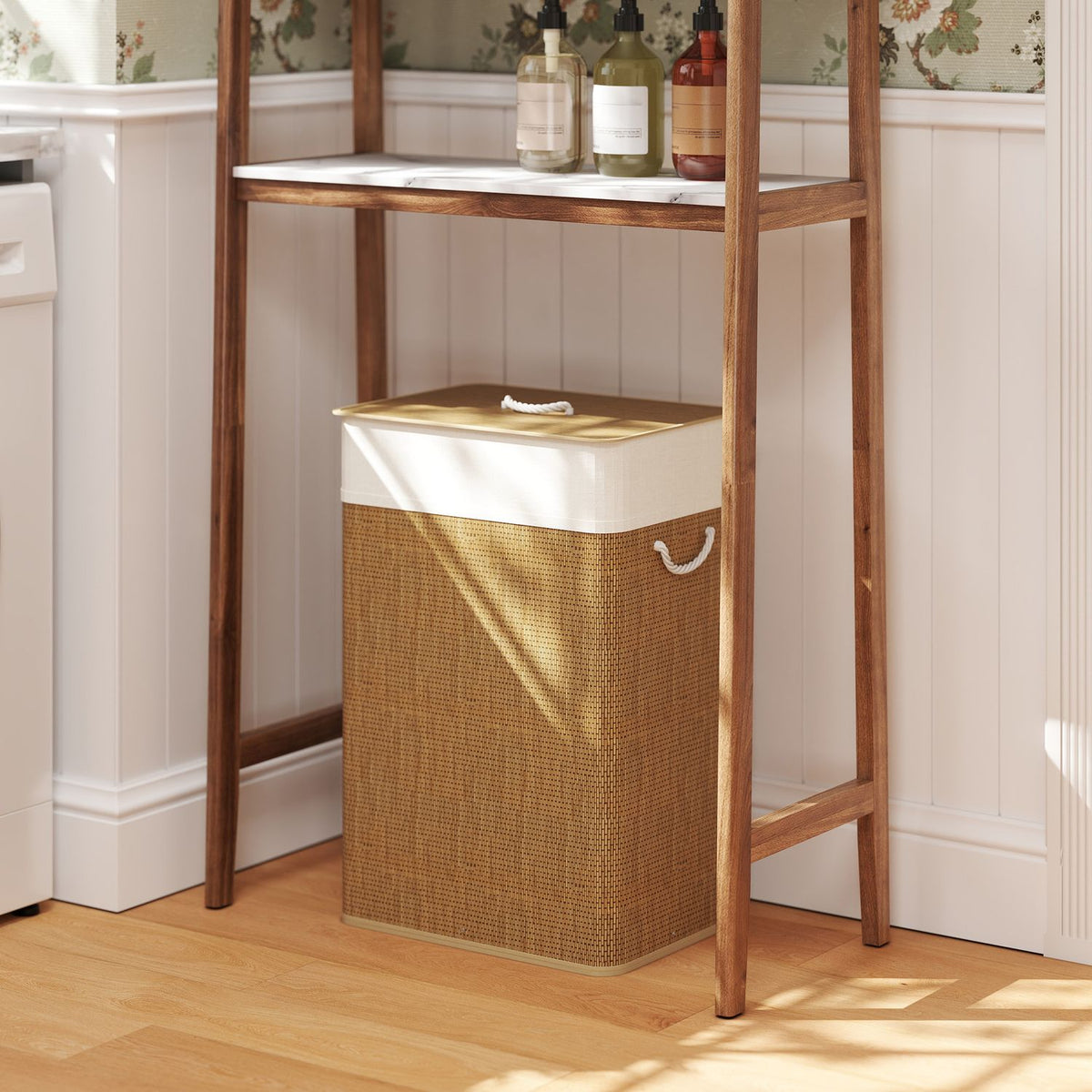 Bamboo laundry basket with lid 72 L laundry collector with bamboo handles, removable laundry bag brown