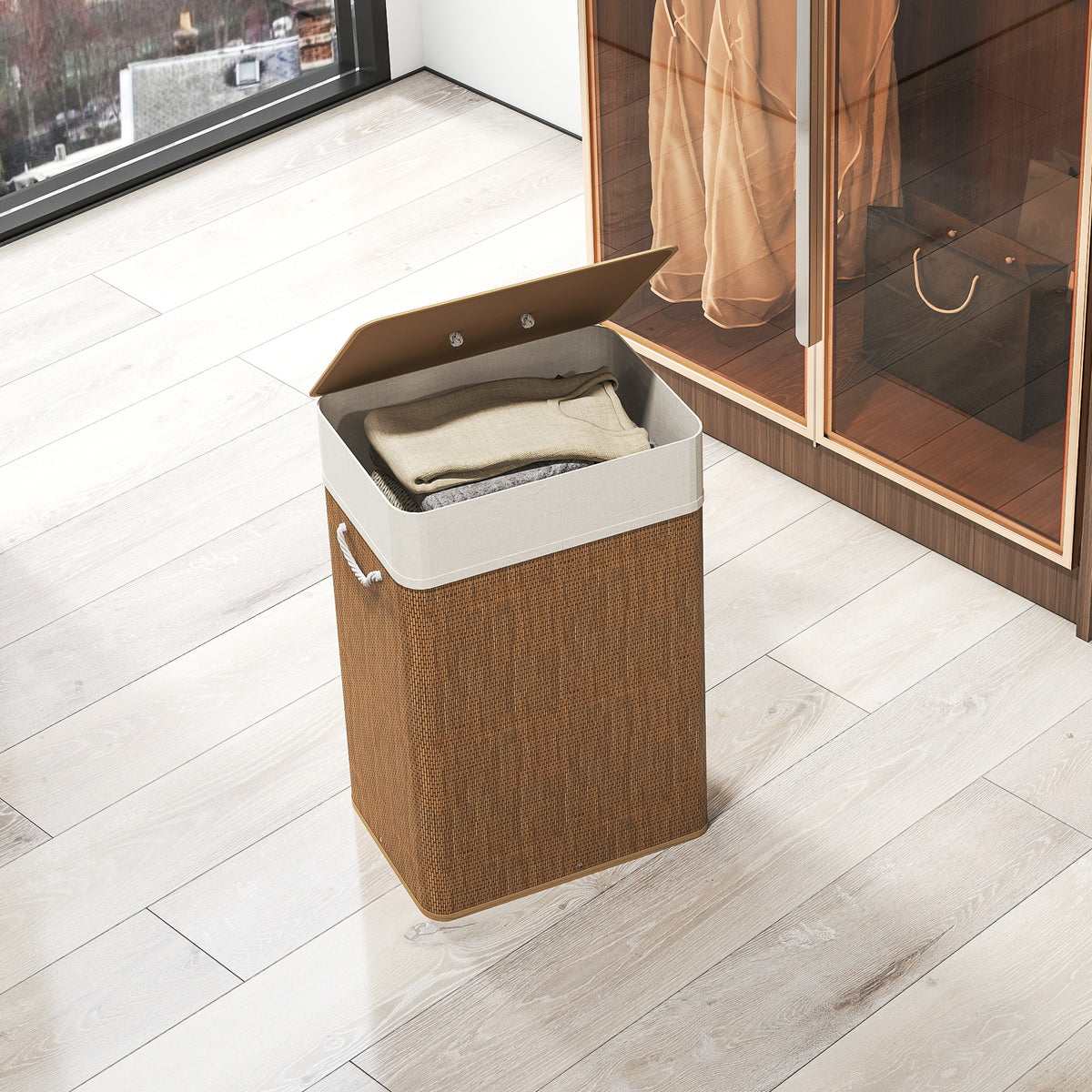 Bamboo laundry basket with lid 72 L laundry collector with bamboo handles, removable laundry bag brown