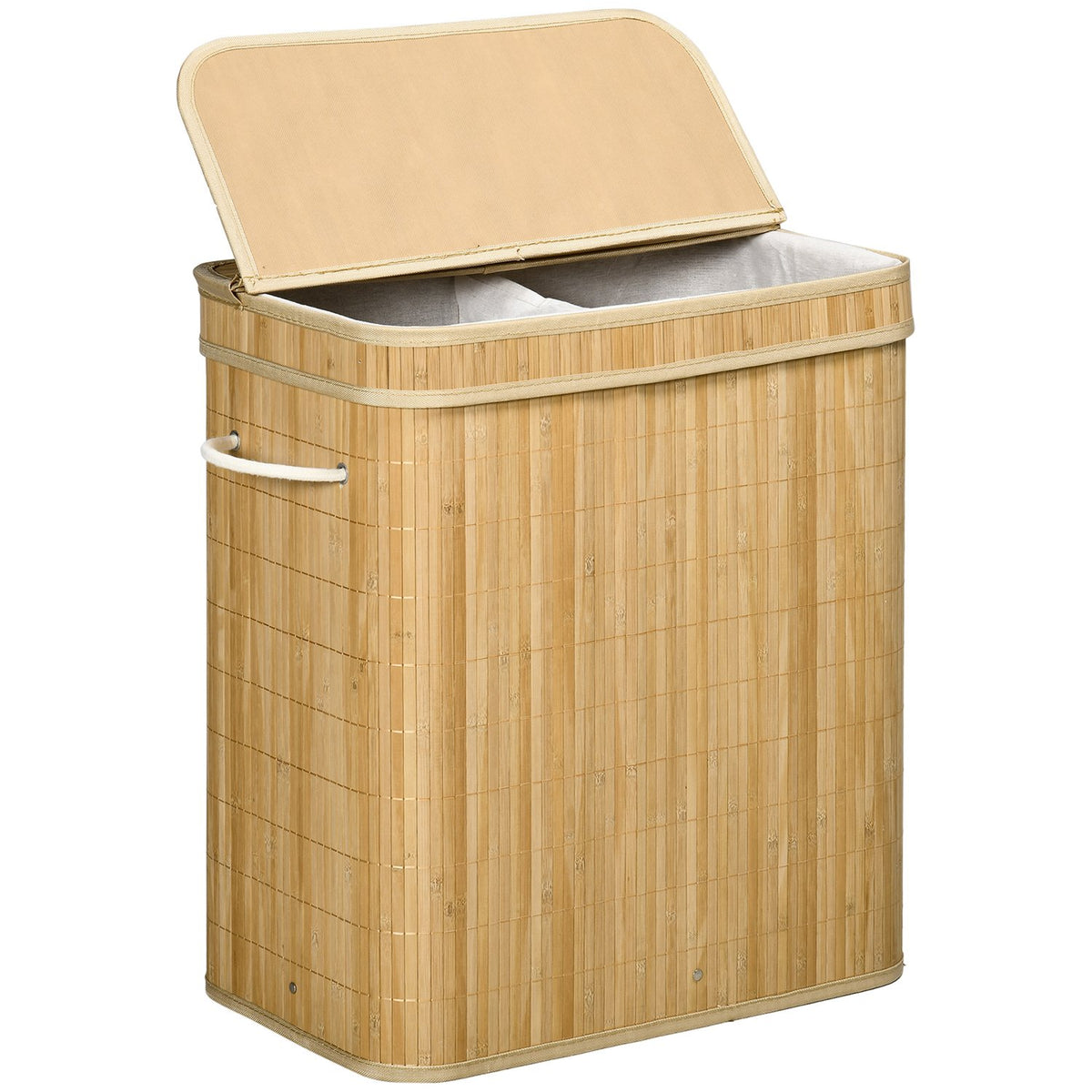 Bamboo laundry basket with lid and handles, 90 liter capacity with 2 sections and a removable fabric bag - 54.2 x 35.2 x 59.5 cm