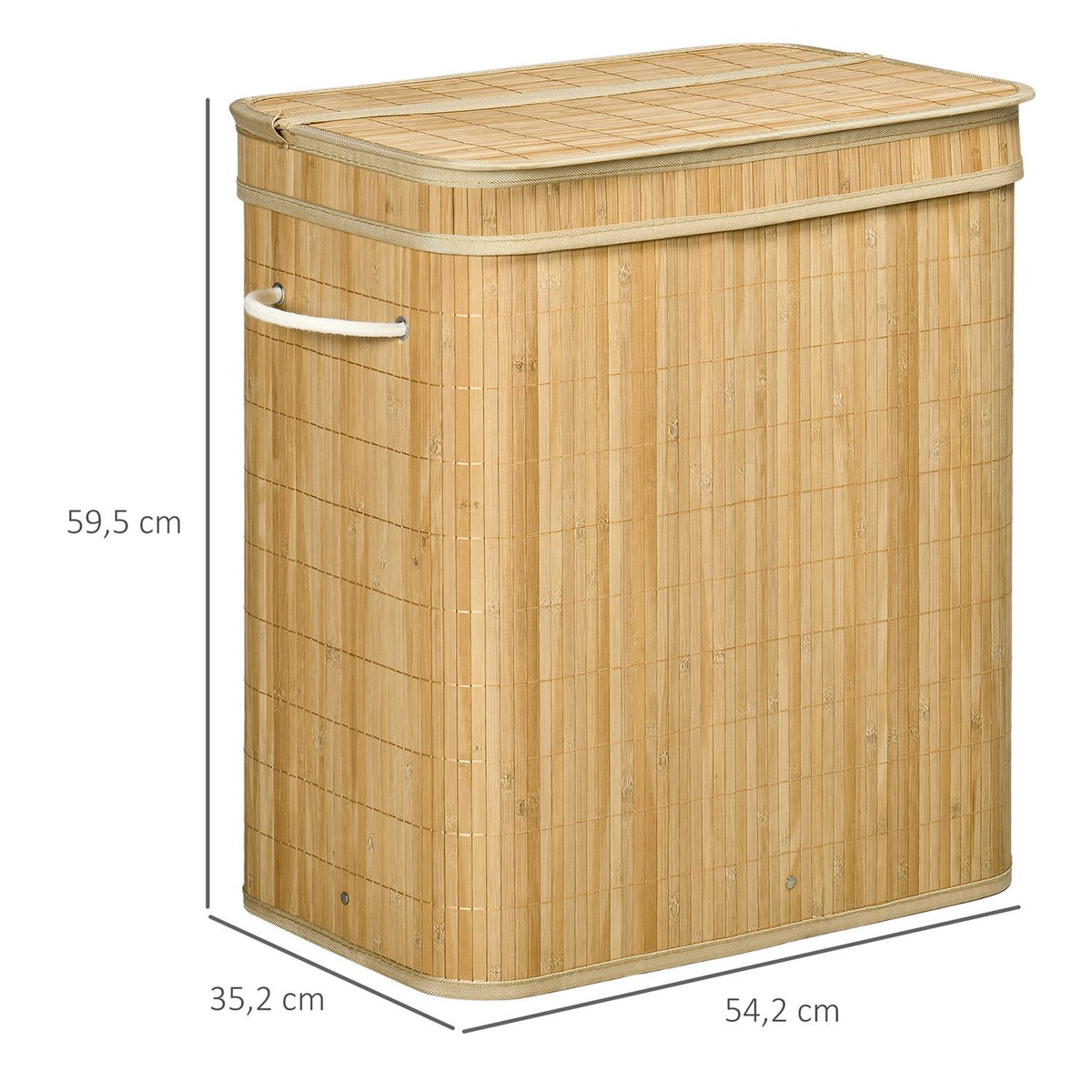 Bamboo laundry basket with lid and handles, 90 liter capacity with 2 sections and a removable fabric bag - 54.2 x 35.2 x 59.5 cm