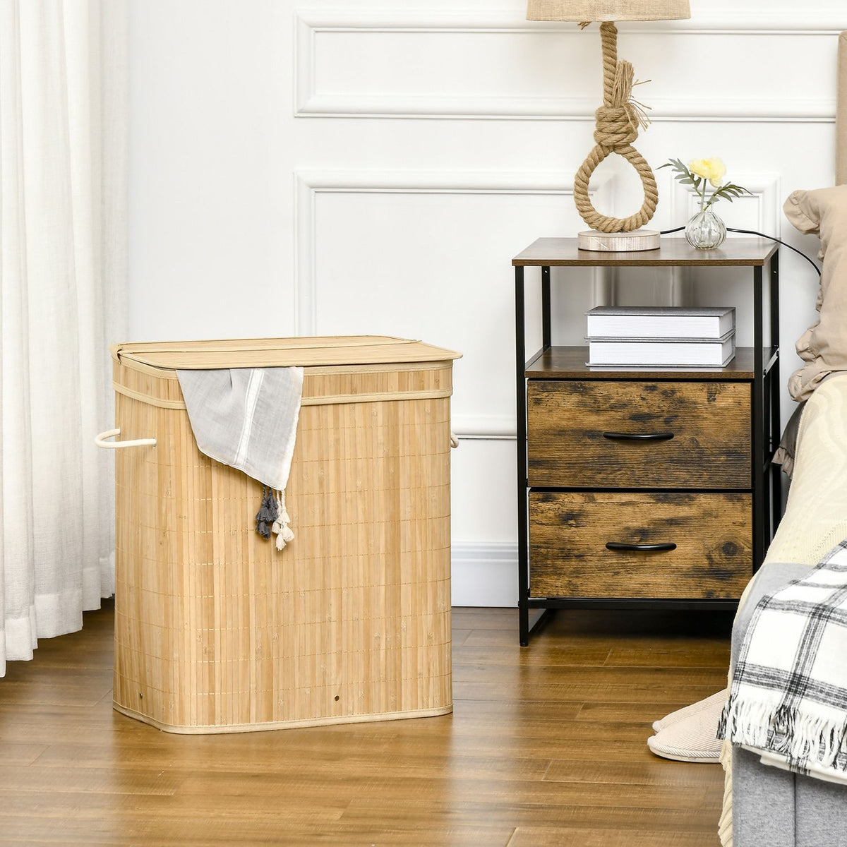 Bamboo laundry basket with lid and handles, 90 liter capacity with 2 sections and a removable fabric bag - 54.2 x 35.2 x 59.5 cm