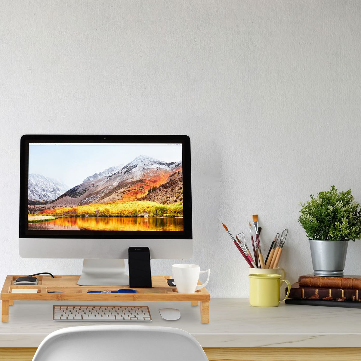 Bamboo monitor stand with 8 compartments