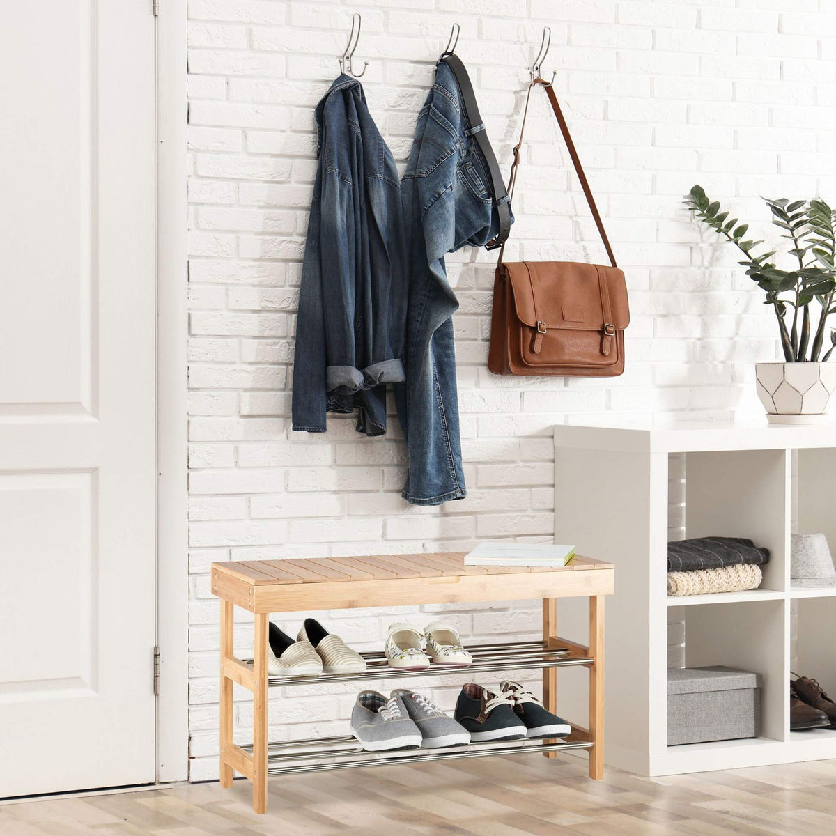 Bamboo shoe rack with seat