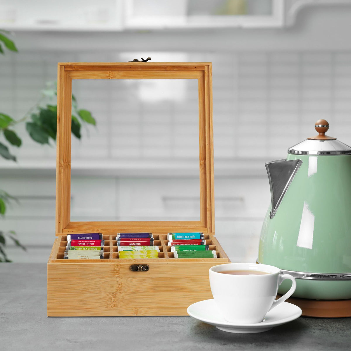 Bamboo tea box with 12 compartments
