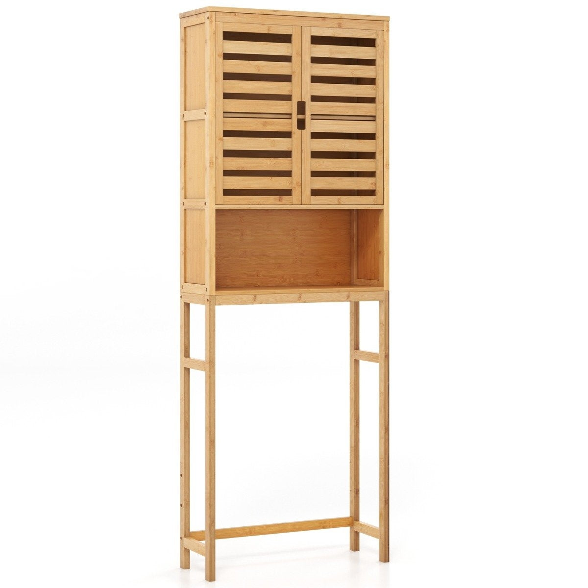 Bamboo toilet cabinet with 2 slatted doors & open shelf & adjustable crossbar