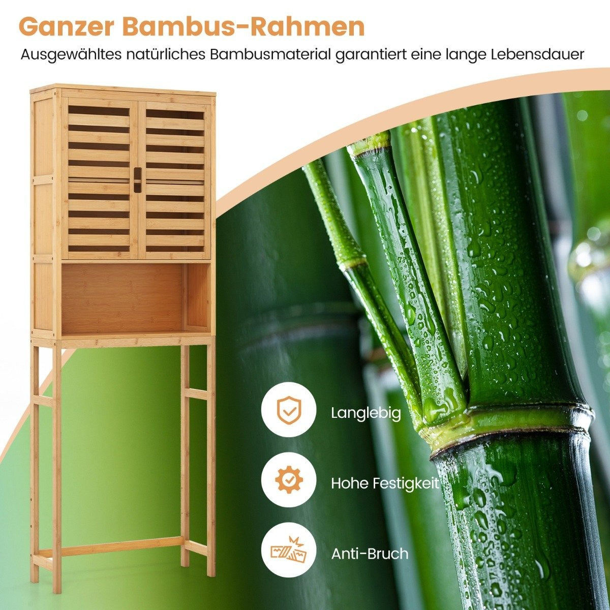 Bamboo toilet cabinet with 2 slatted doors & open shelf & adjustable crossbar