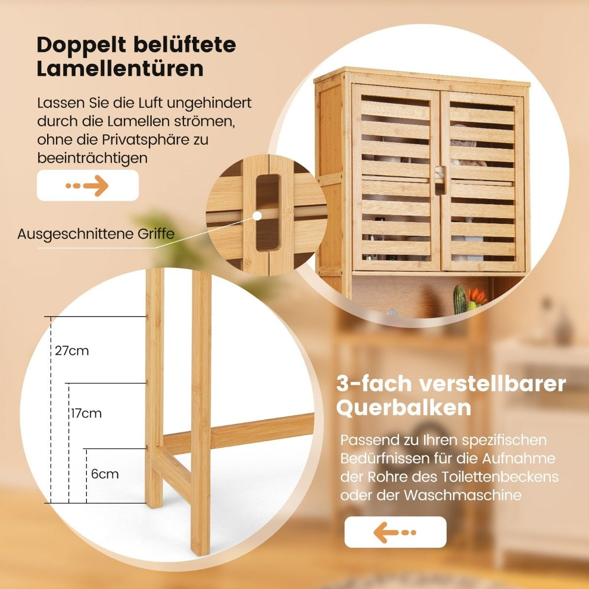 Bamboo toilet cabinet with 2 slatted doors & open shelf & adjustable crossbar