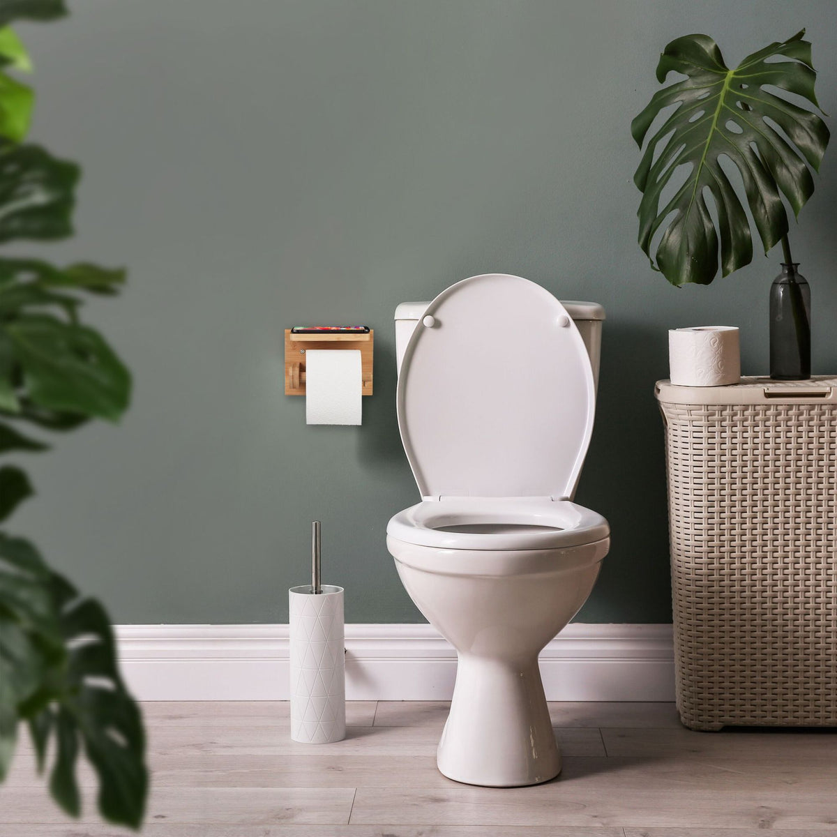 Bamboo toilet paper holder with shelf