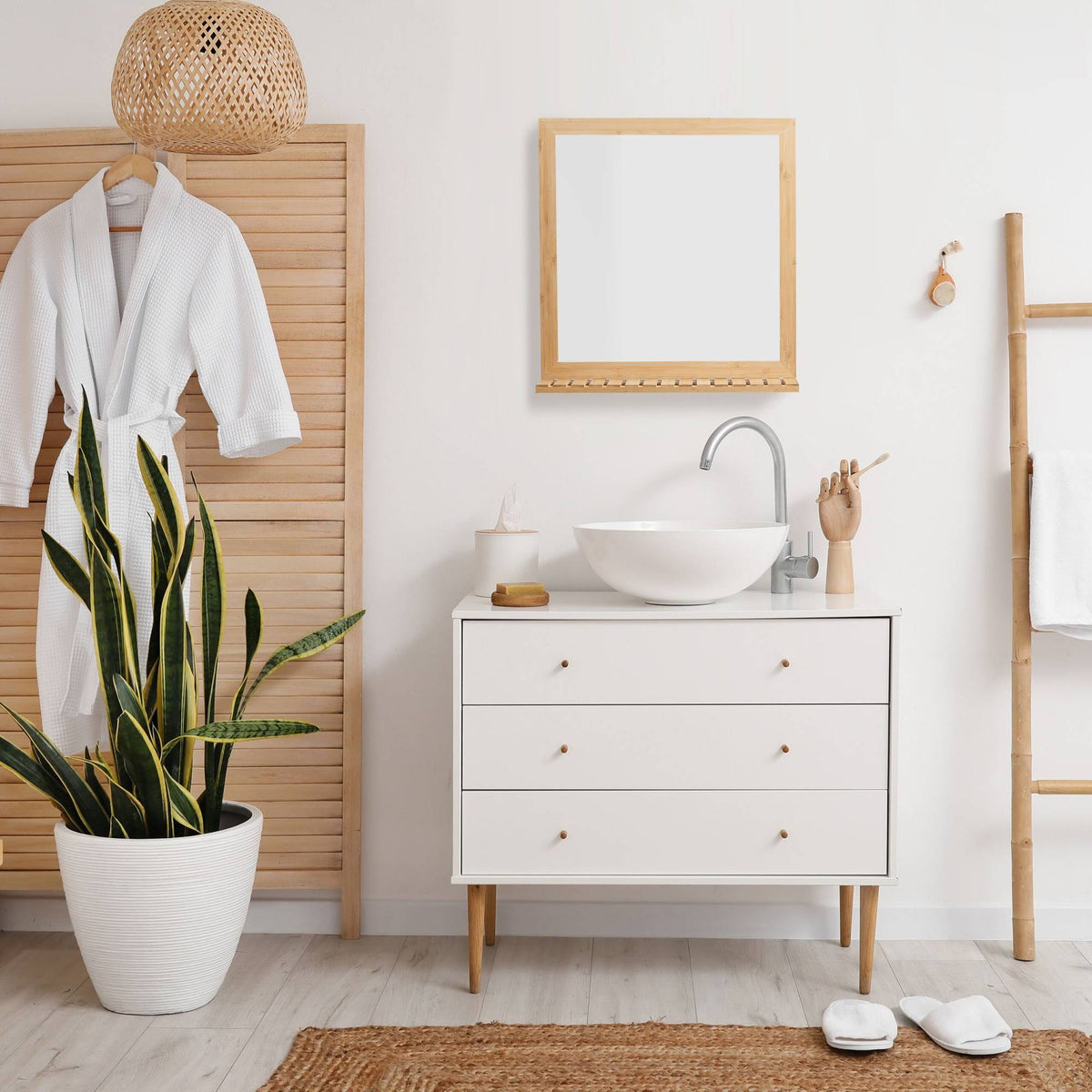 Bamboo wall mirror with shelf