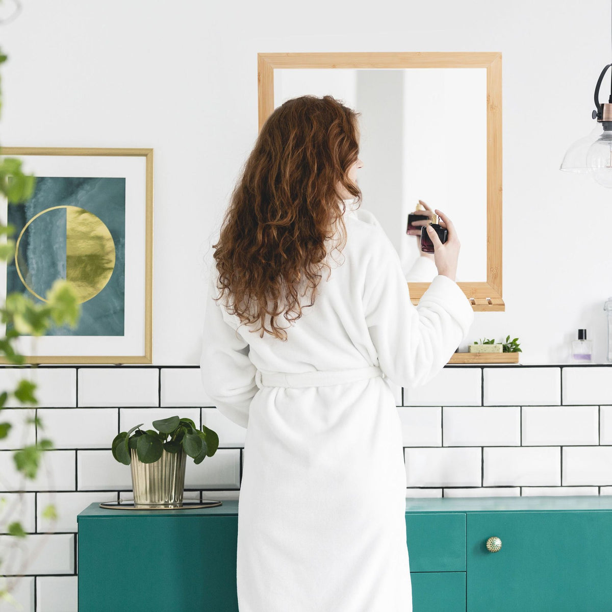 Bamboo wall mirror with shelf