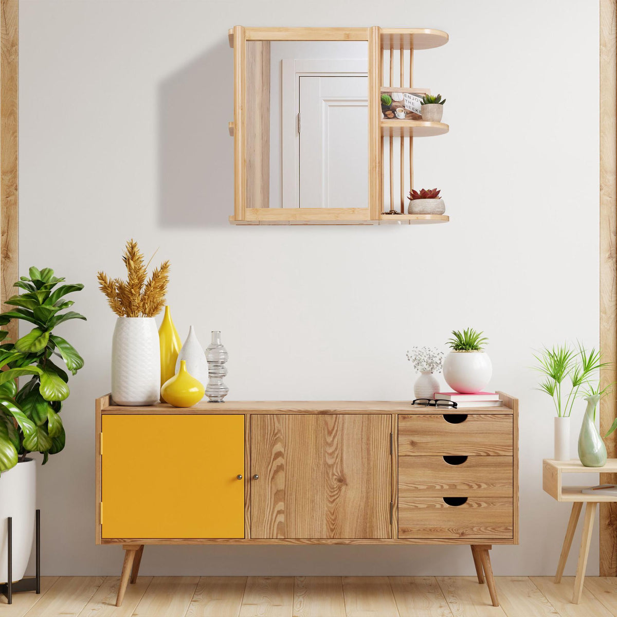 Bamboo wall shelf with mirror