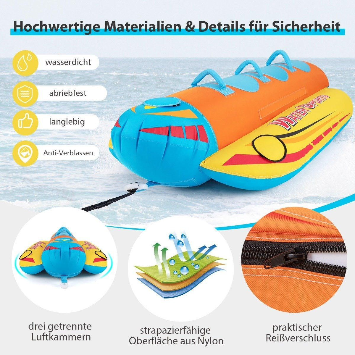 Banana boat for 3 people Towable tube with 3 EVA padded seats and handles 252 x 108 x 51 cm