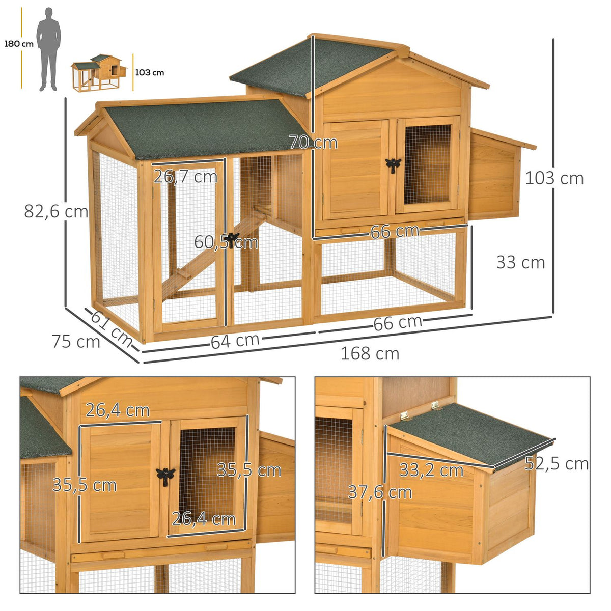 Bantam Chicken Coop Bantam House With Run Poultry House With Bar Window Nesting Box Fir Wood Yellow + Green 168X75X103 Cm