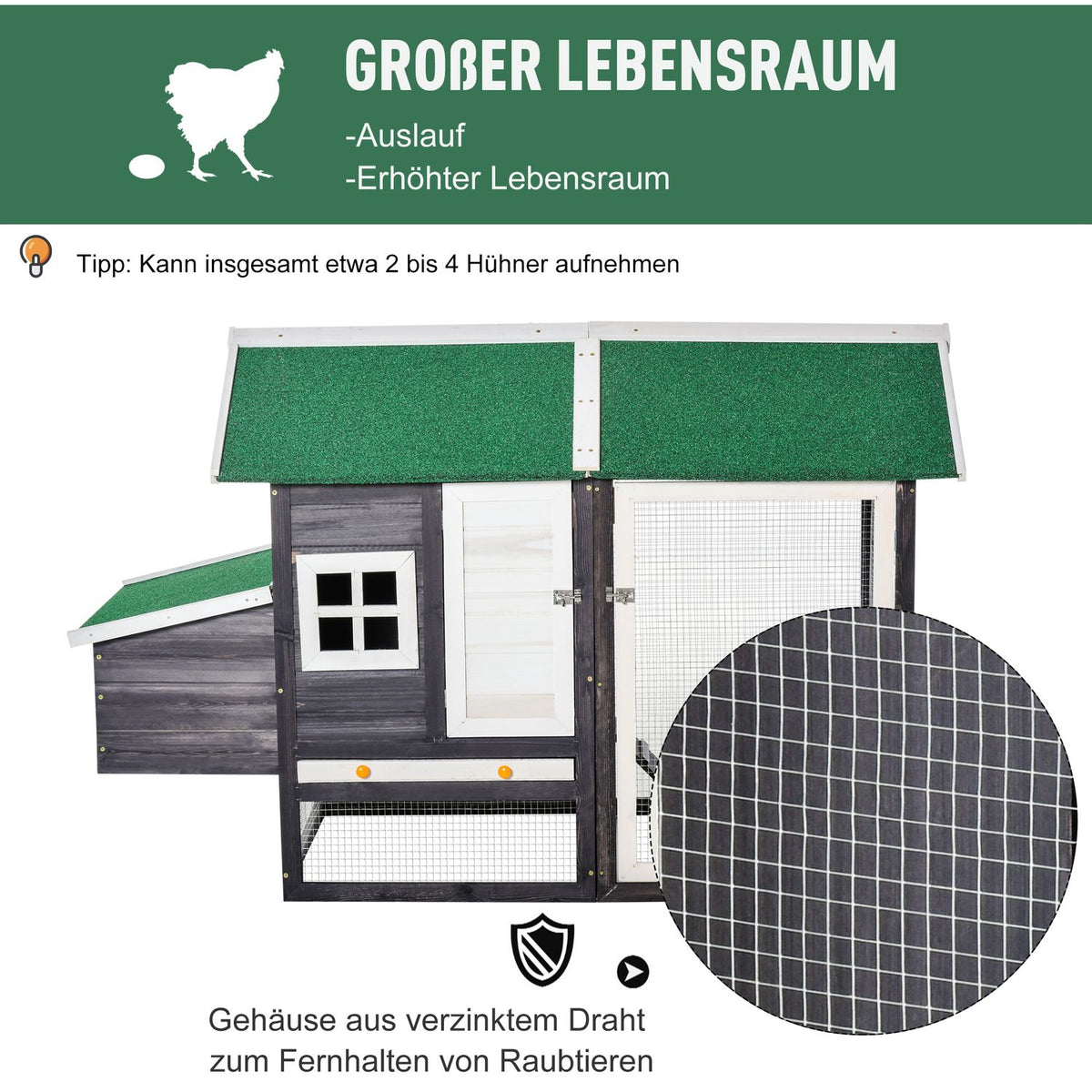 Bantam Chicken Coop Modern Poultry Coop With Nesting Box & Covered Playpen, Fir Wood & Metal Wire, Gray