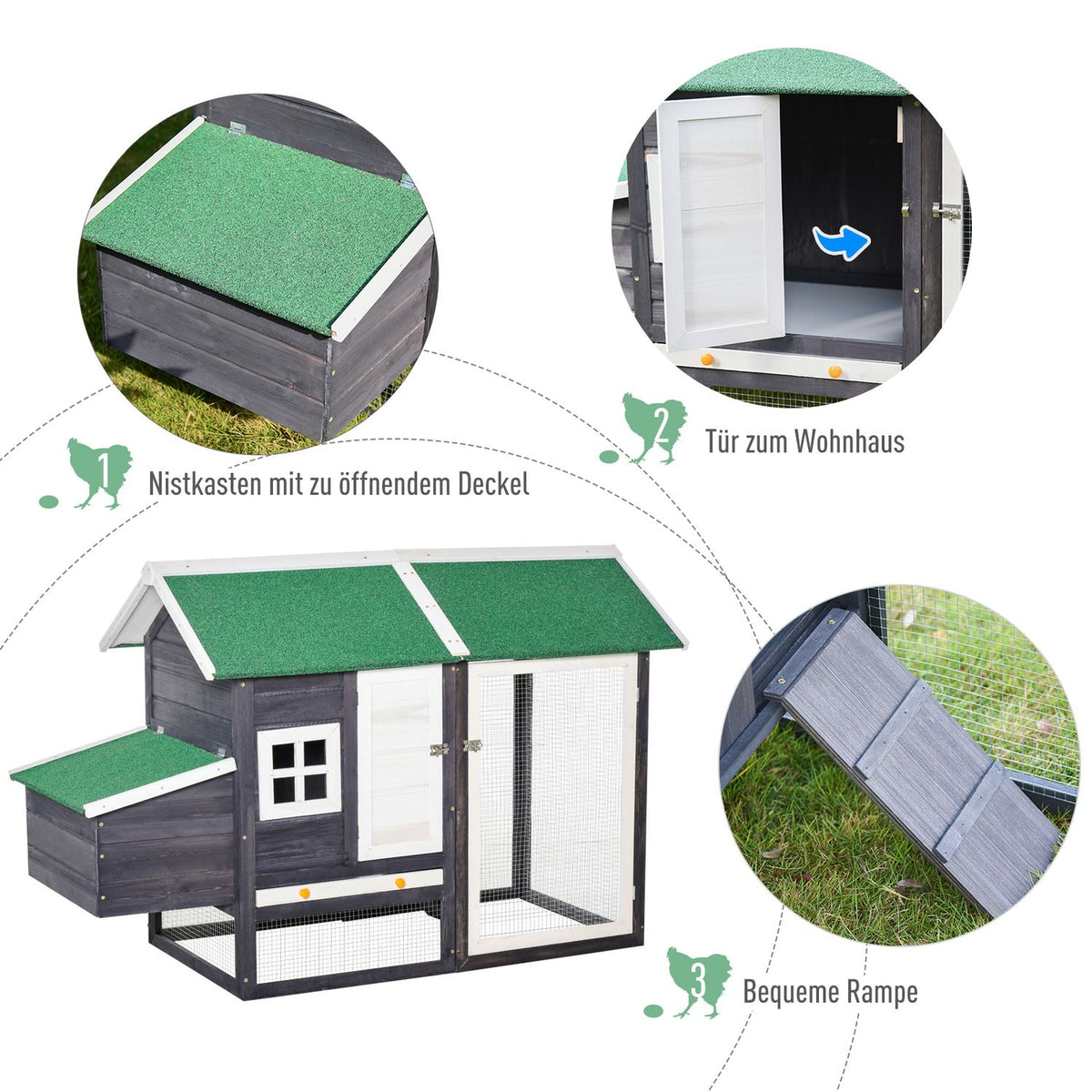 Bantam Chicken Coop Modern Poultry Coop With Nesting Box & Covered Playpen, Fir Wood & Metal Wire, Gray