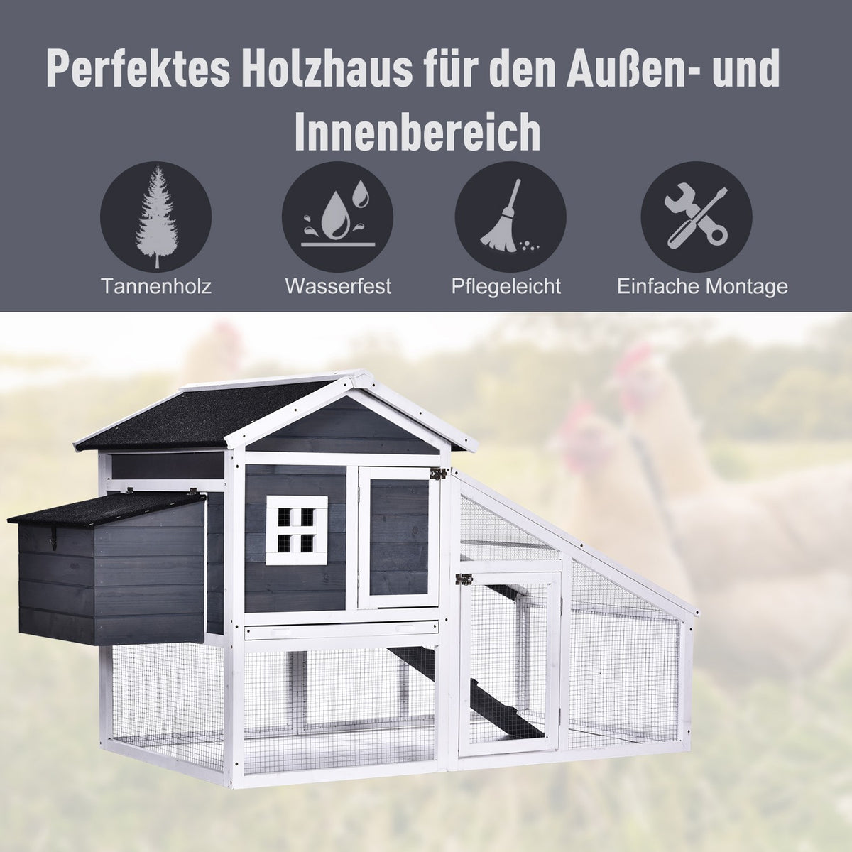 Bantam Chicken Coop With Run, Perch, Nesting Box, Solid Wood, Gray, 175.4X95.5X100Cm