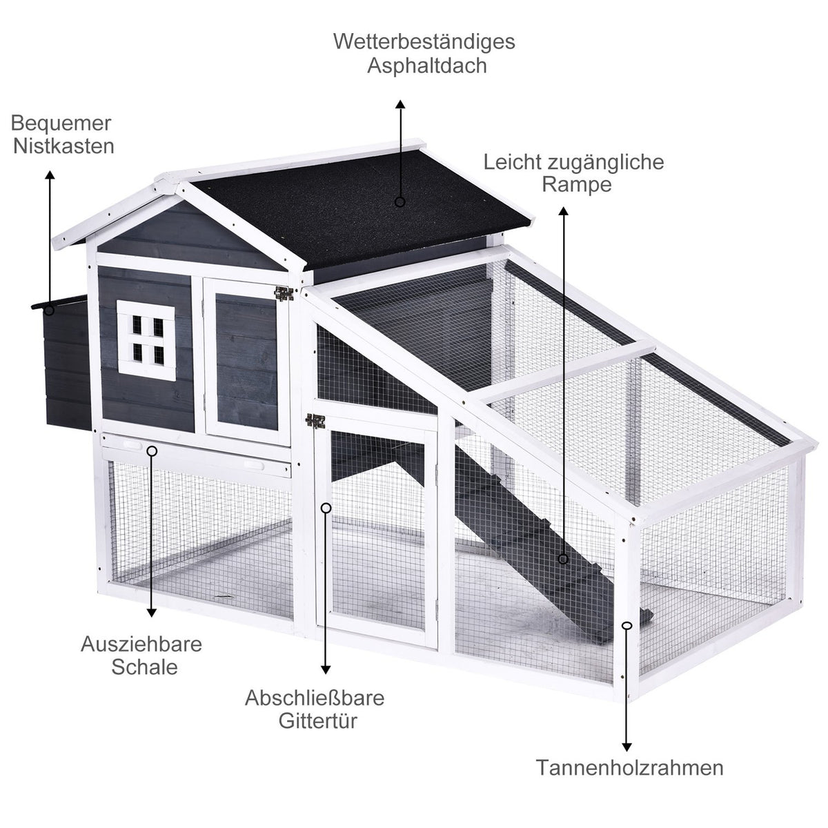Bantam Chicken Coop With Run, Perch, Nesting Box, Solid Wood, Gray, 175.4X95.5X100Cm