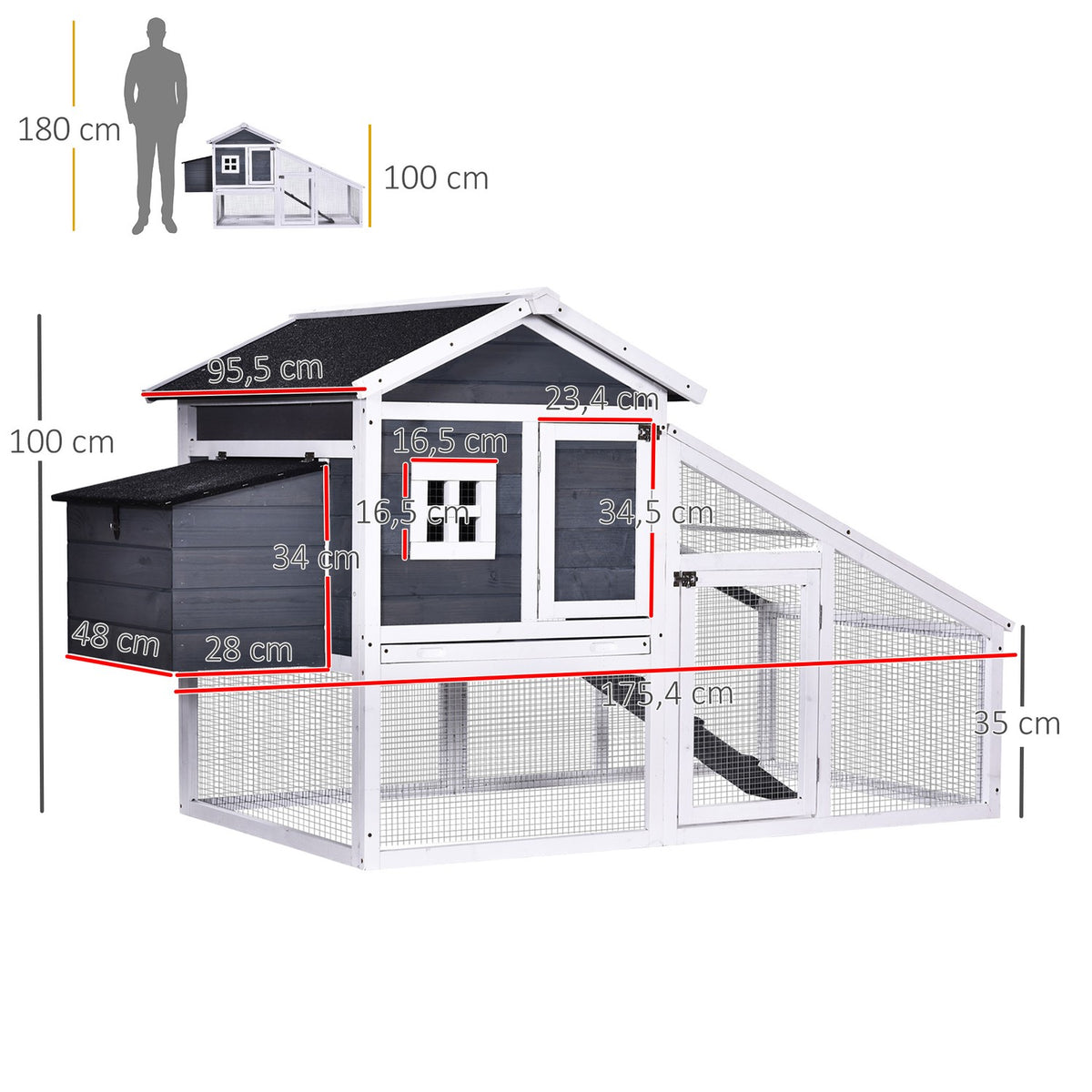 Bantam Chicken Coop With Run, Perch, Nesting Box, Solid Wood, Gray, 175.4X95.5X100Cm