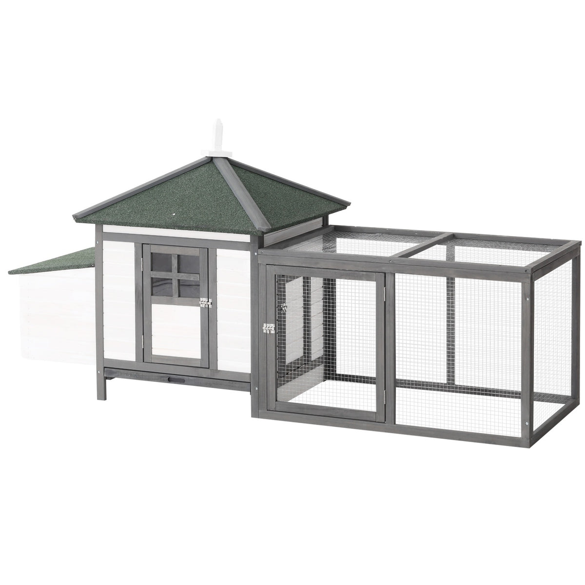 Bantam chicken coop Winterproof chicken house with run, perches, nesting box, pine wood, gray + white, 196x76x97cm