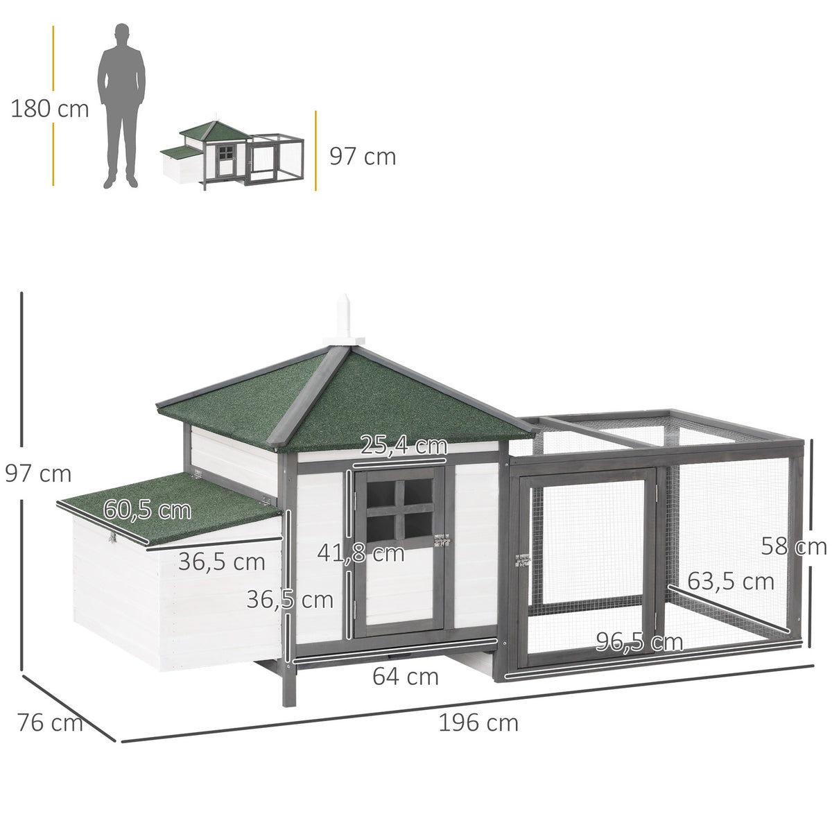 Bantam chicken coop Winterproof chicken house with run, perches, nesting box, pine wood, gray + white, 196x76x97cm