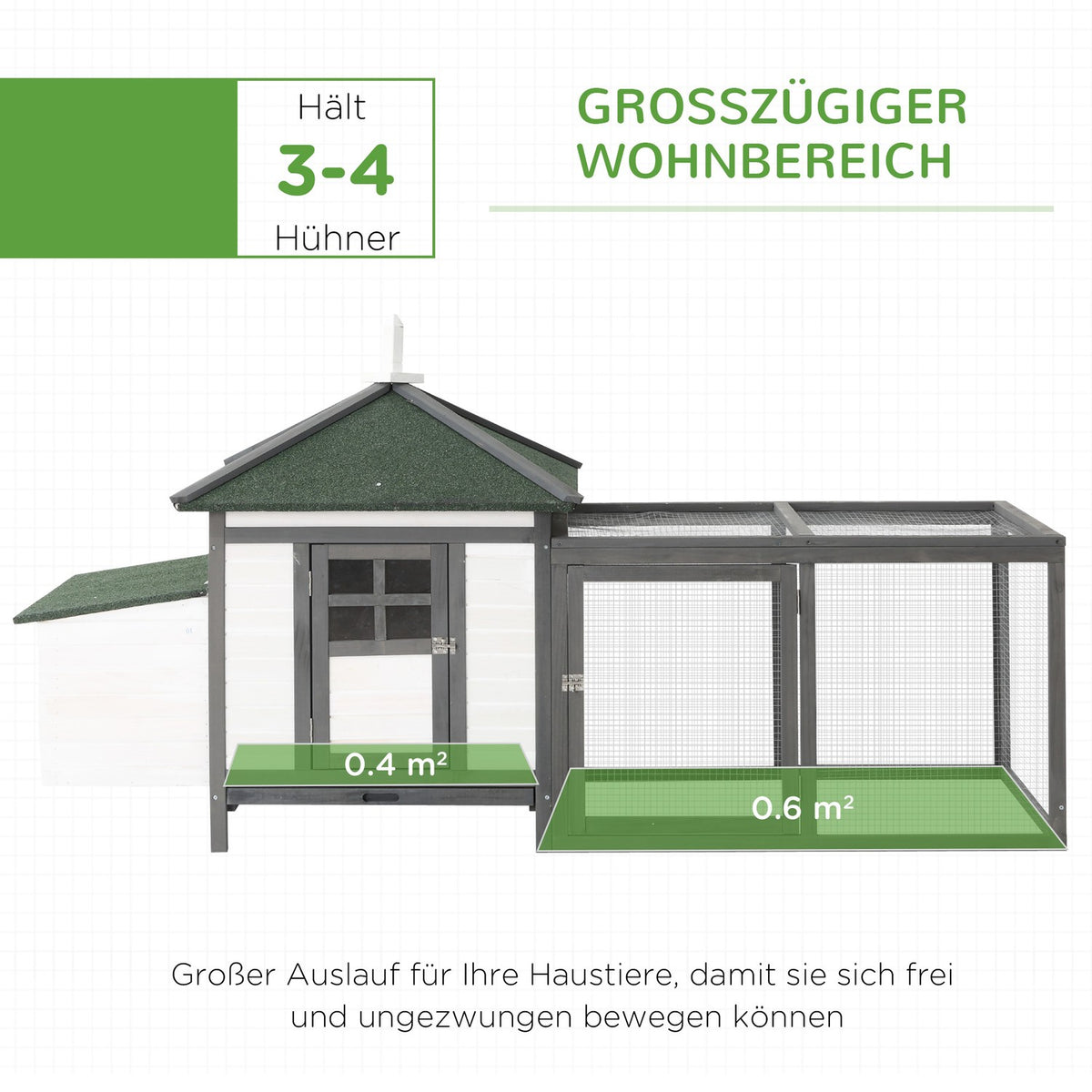 Bantam chicken coop Winterproof chicken house with run, perches, nesting box, pine wood, gray + white, 196x76x97cm