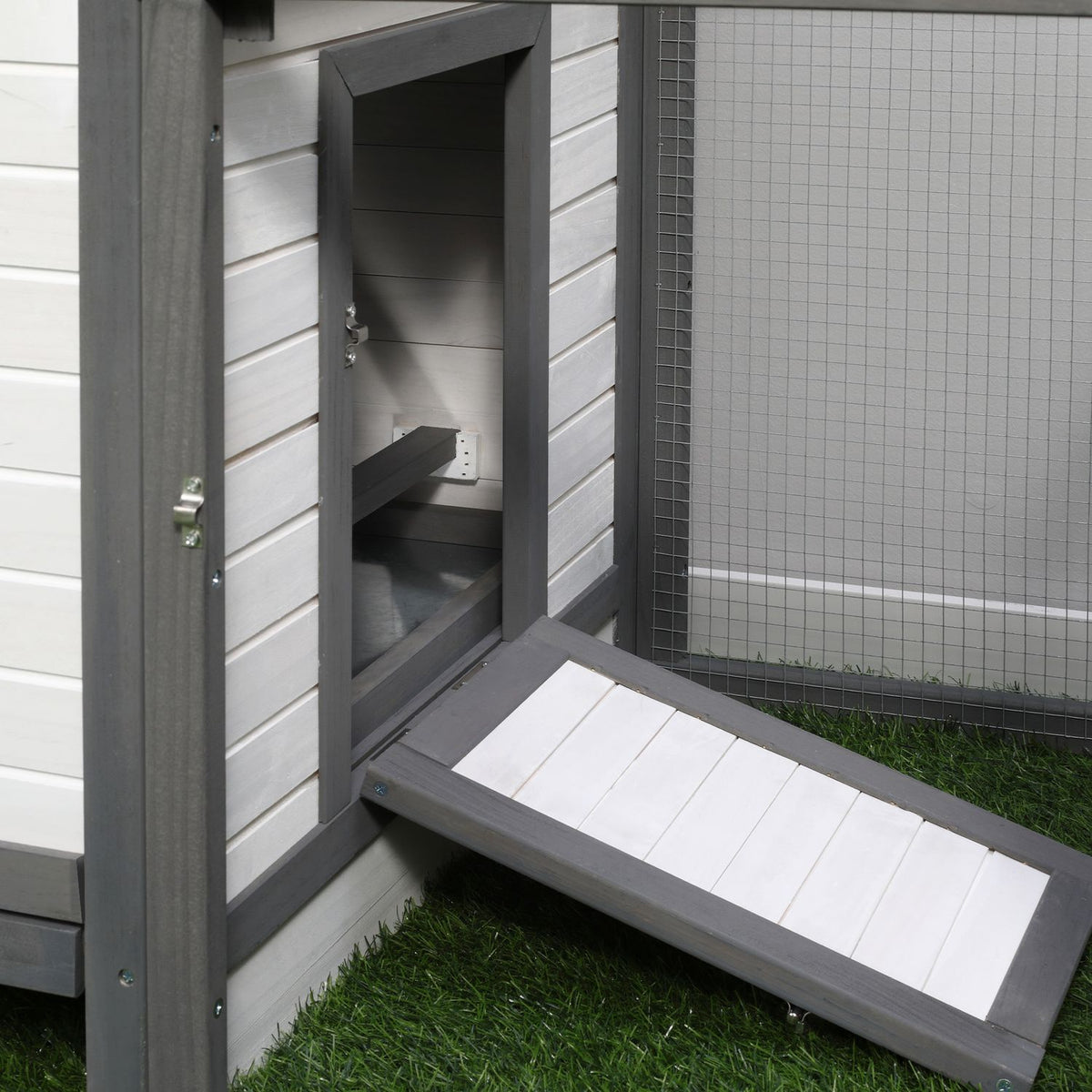 Bantam chicken coop Winterproof chicken house with run, perches, nesting box, pine wood, gray + white, 196x76x97cm