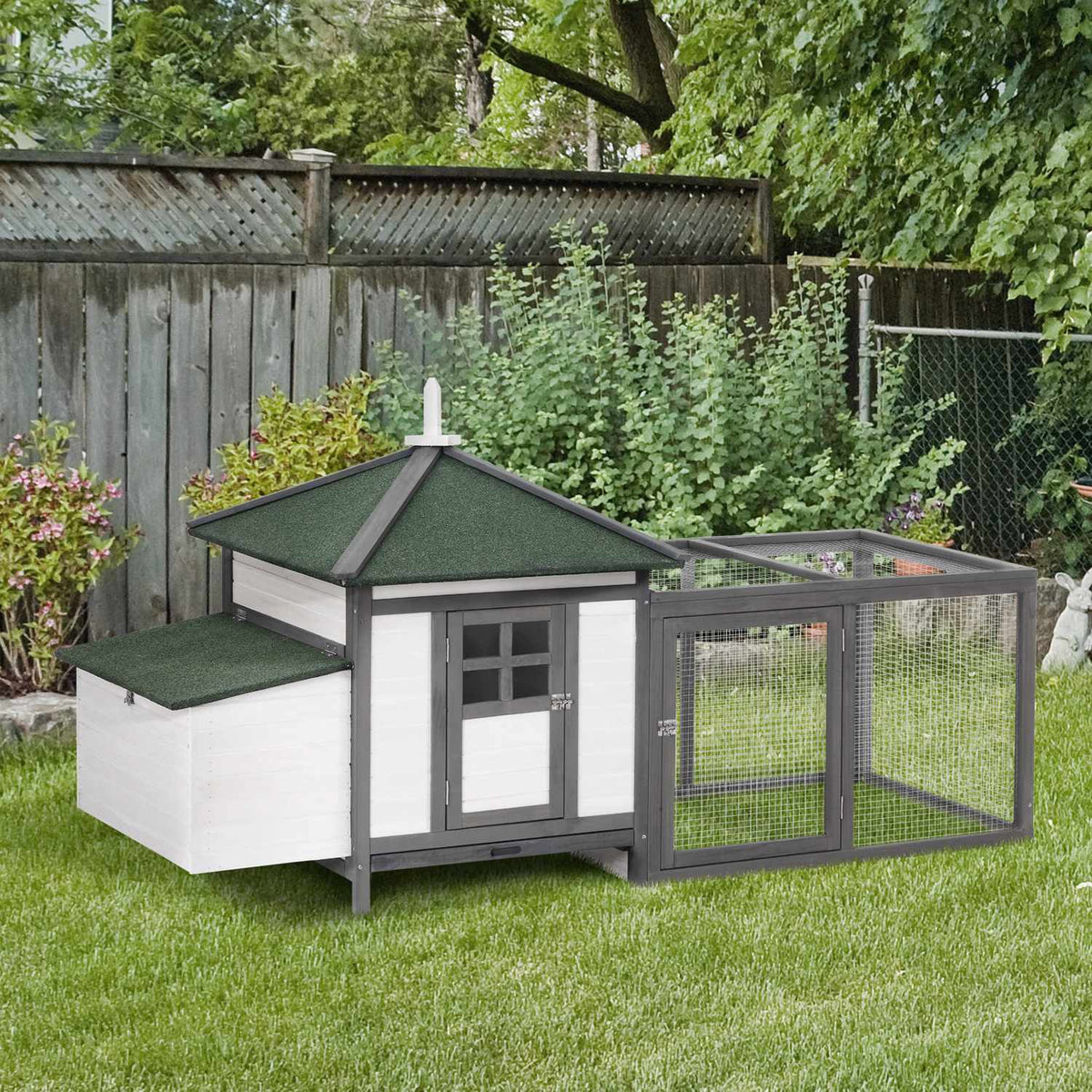Bantam chicken coop Winterproof chicken house with run, perches, nesting box, pine wood, gray + white, 196x76x97cm