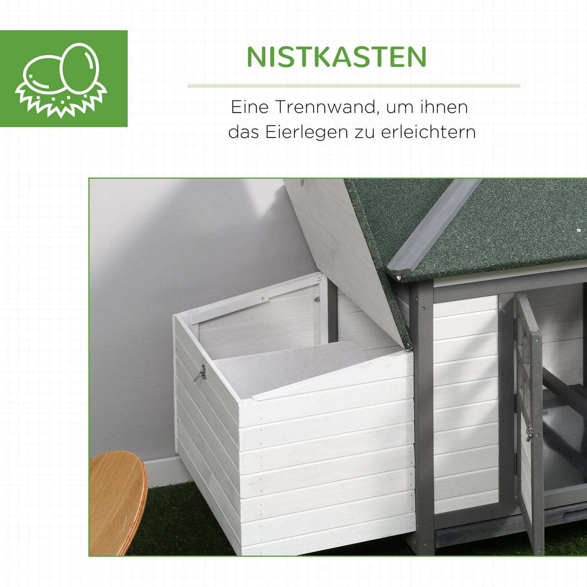 Bantam chicken coop Winterproof chicken house with run, perches, nesting box, pine wood, gray + white, 196x76x97cm