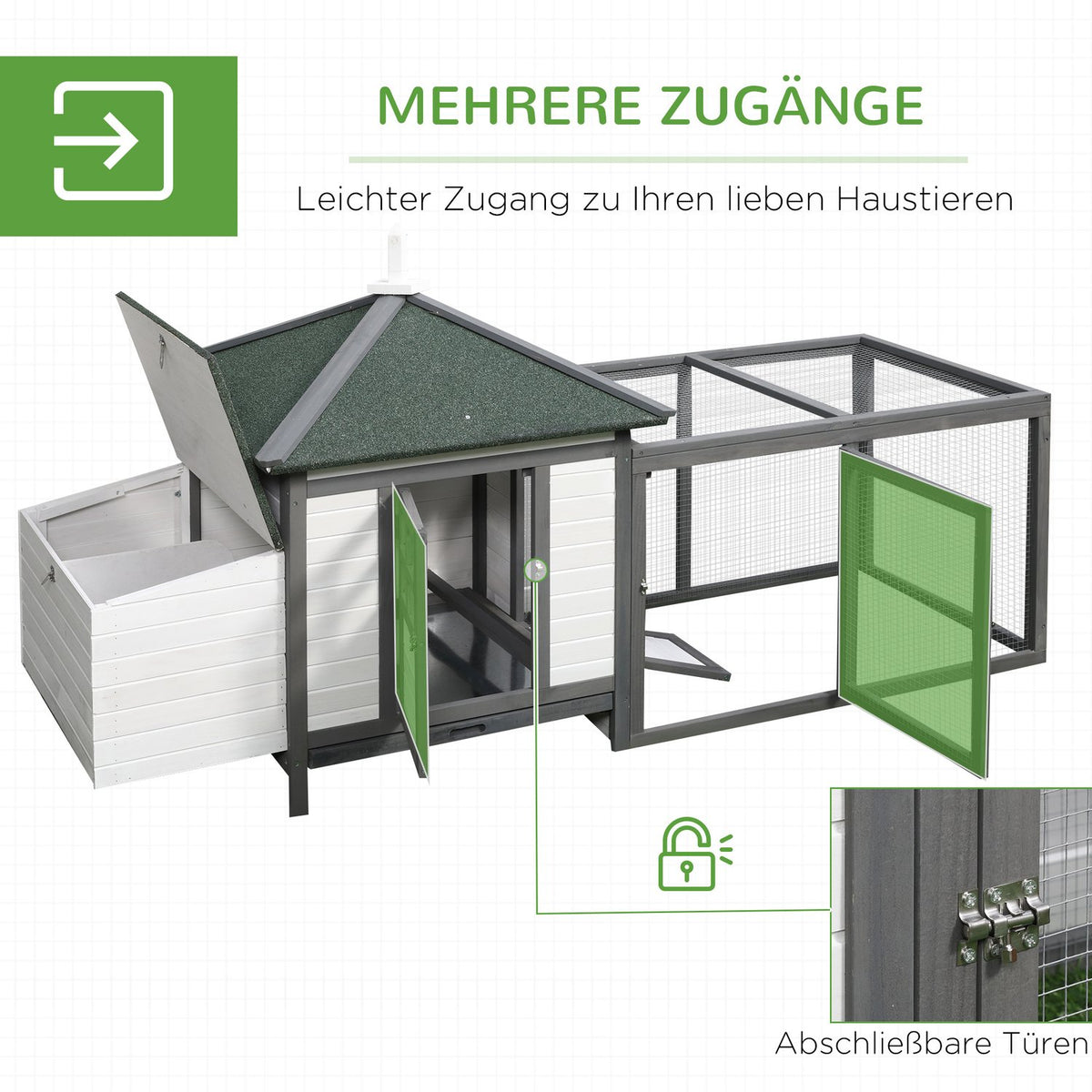 Bantam chicken coop Winterproof chicken house with run, perches, nesting box, pine wood, gray + white, 196x76x97cm