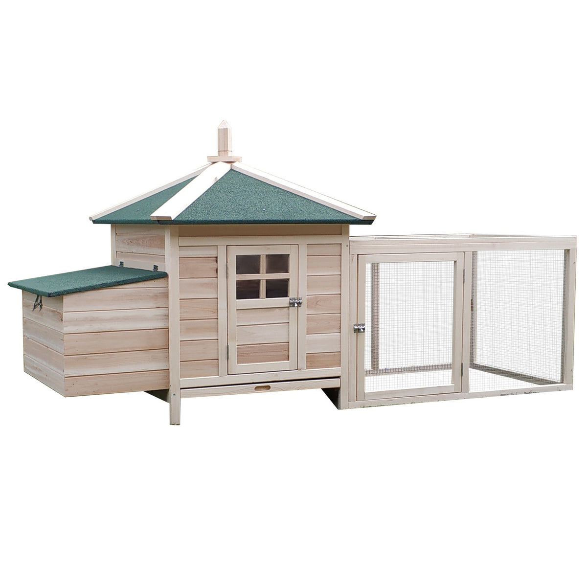 Bantam chicken coop with run and perches, winterproof chicken house made of pine wood, nesting box for quails, 196 x 76 x 97 cm