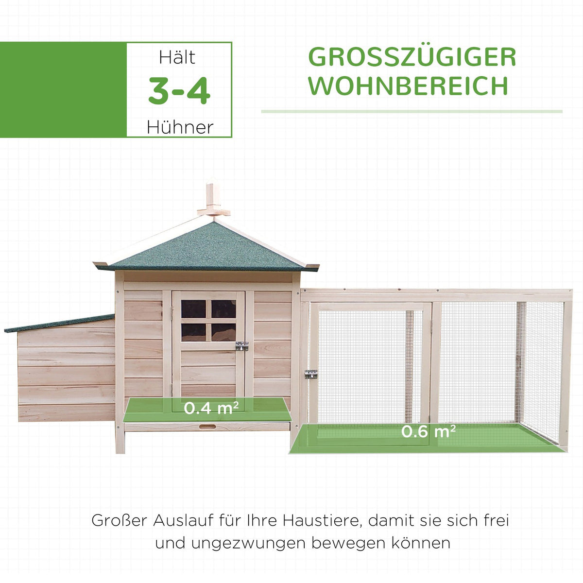 Bantam chicken coop with run and perches, winterproof chicken house made of pine wood, nesting box for quails, 196 x 76 x 97 cm