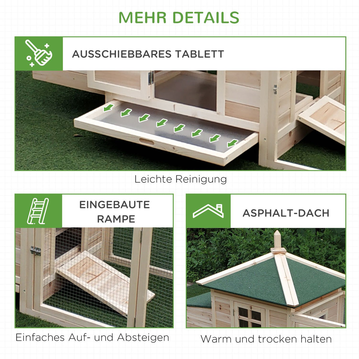 Bantam chicken coop with run and perches, winterproof chicken house made of pine wood, nesting box for quails, 196 x 76 x 97 cm